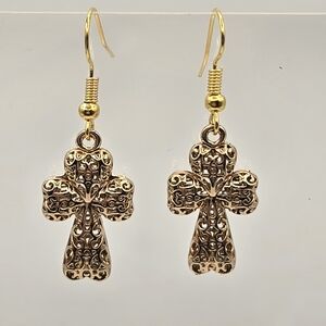 Ornate Gold Cross Dangle Earrings